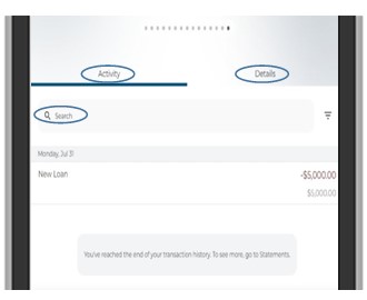 Within the record you can review Activity, Search for certain transaction history, view Details about the loan, Make a Payment or request a Loan Payoff amount.