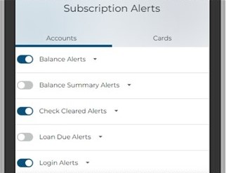 Toggle the alerts needed and answer the questions provided. Select where you would like the alert notifications sent. Tap Save when completed.