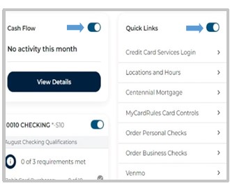 To show or hide features on your dashboard, slide the toggles right or left.